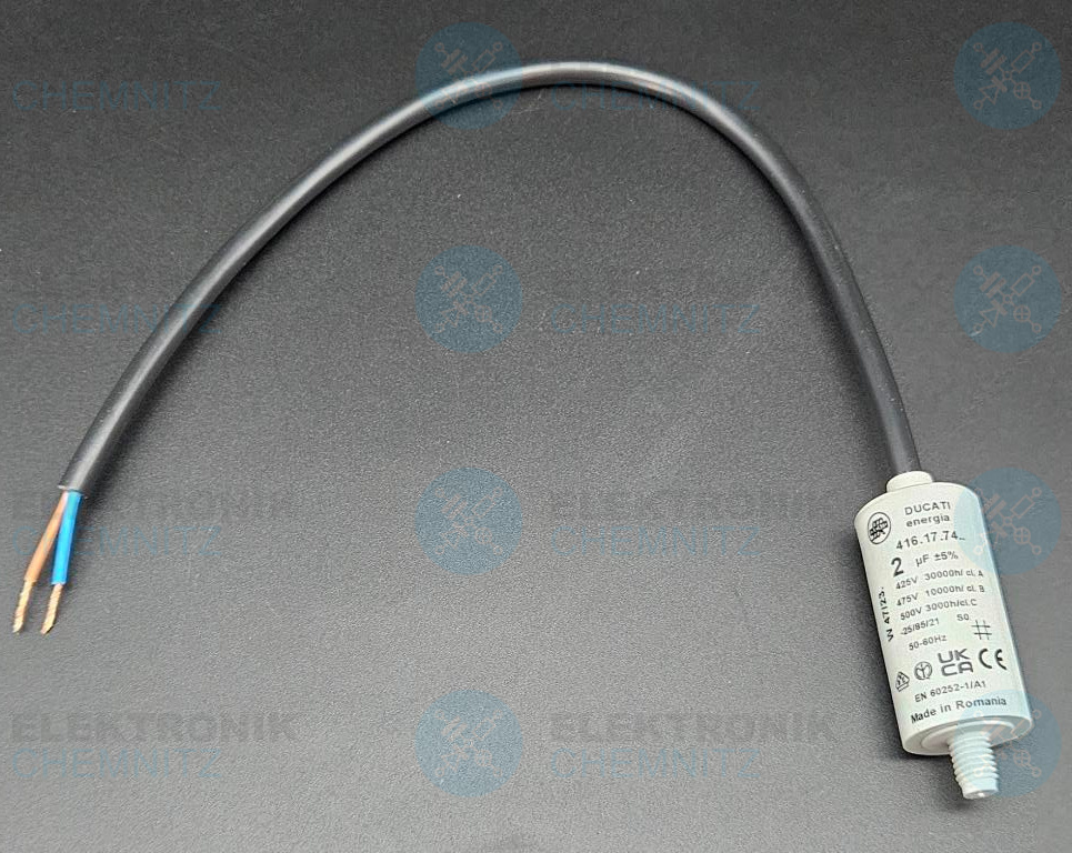 DUCATI 416.17.74. Betriebskondensator 2 µF +-5 % mit Kabel 32cm