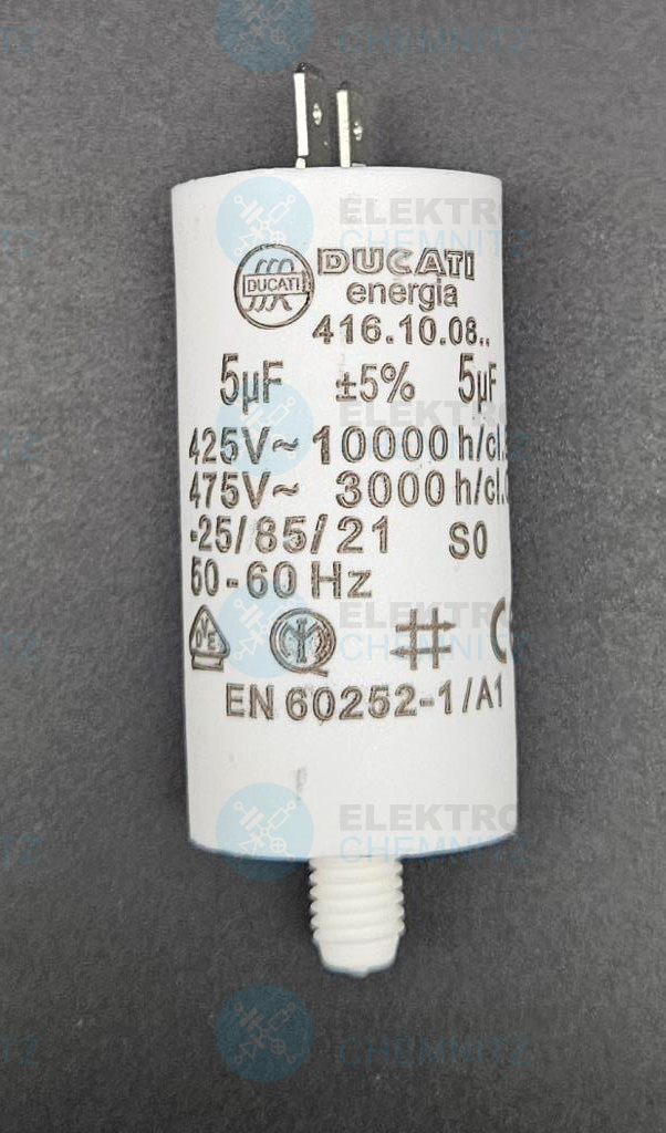 DUCATI 416.10.08. Betriebskondensator 5 µF +-5 % mit 2 x Flachstecker 6,3 mm