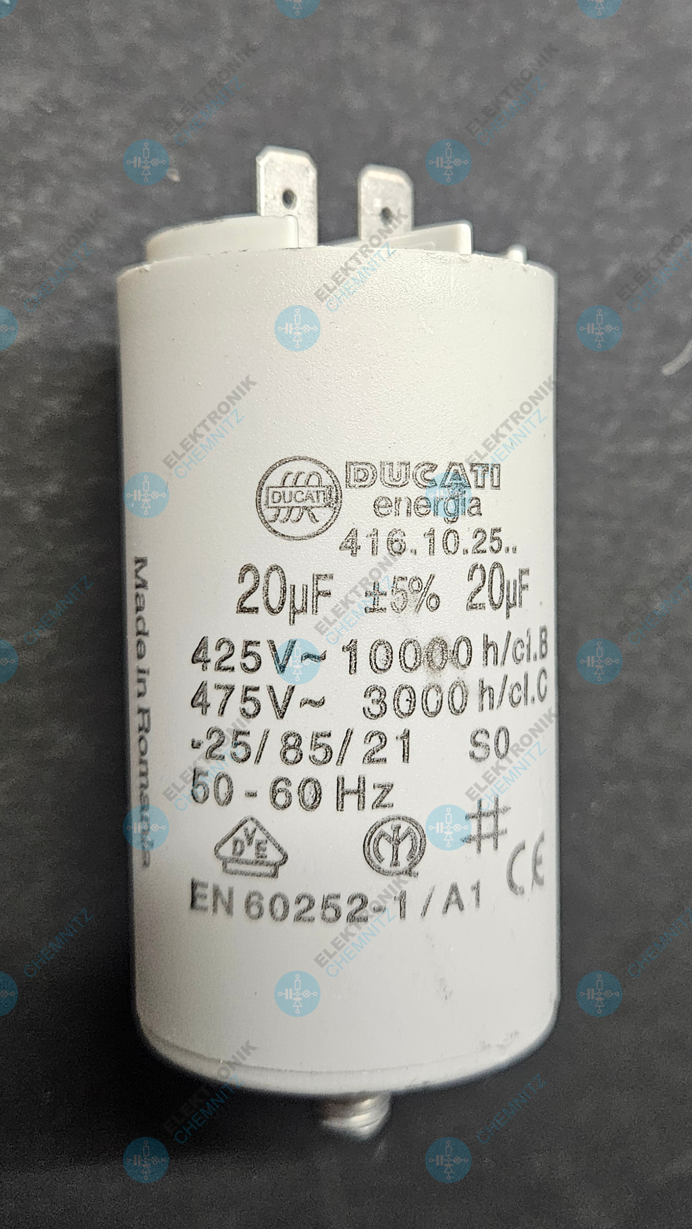 DUCATI 416.10.25. Betriebskondensator 20 µF +-5 % mit 2 x Flachstecker 6,3 mm