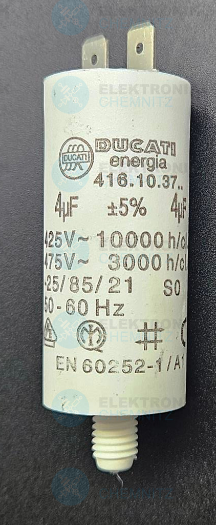 DUCATI 416.10.37. Betriebskondensator 4 µF +-5 % mit 2 x Flachstecker 6,3 mm