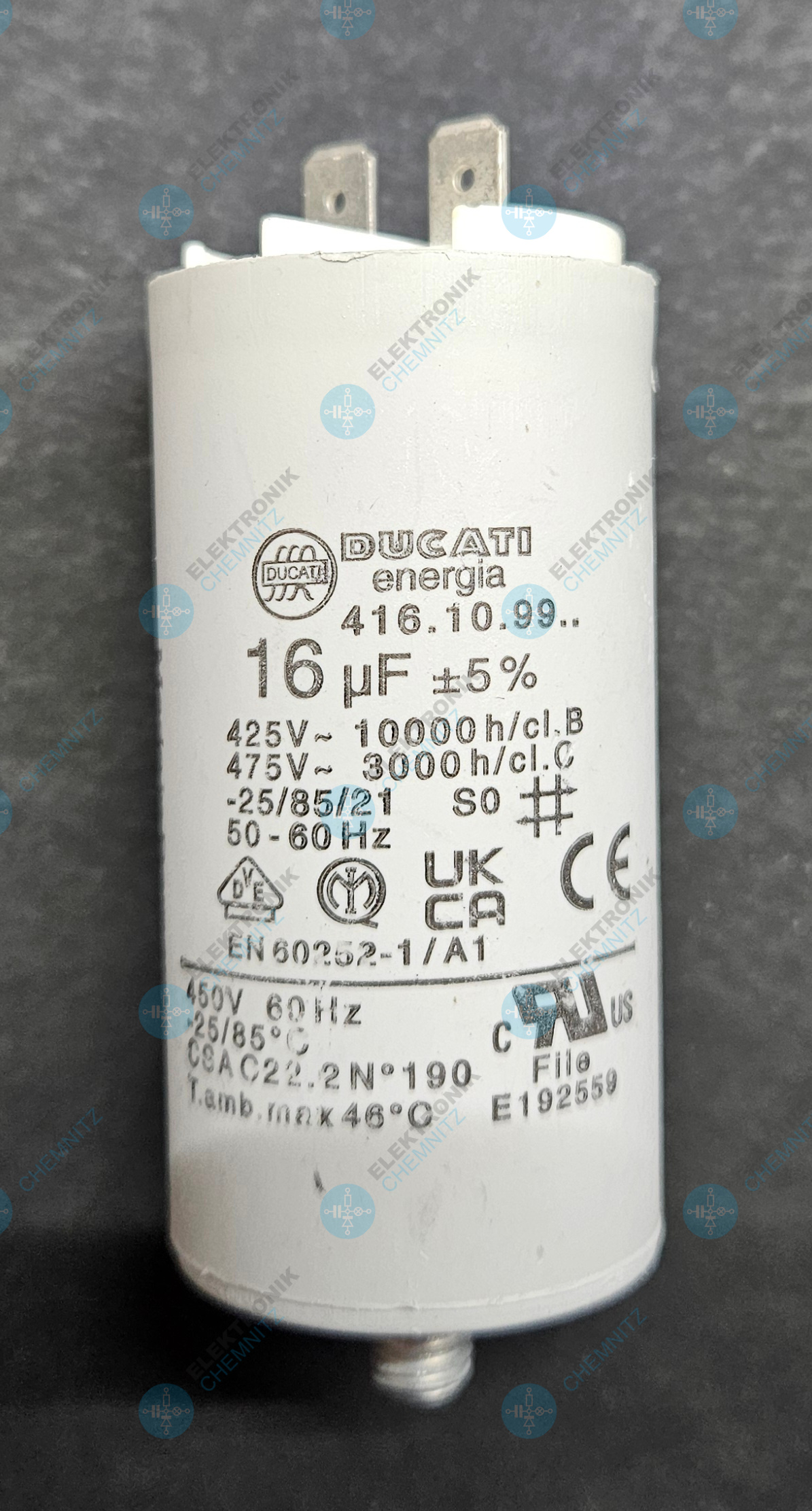 DUCATI 416.10.99. Betriebskondensator 16 µF +-5 % mit 2 x Flachstecker 6,3 mm