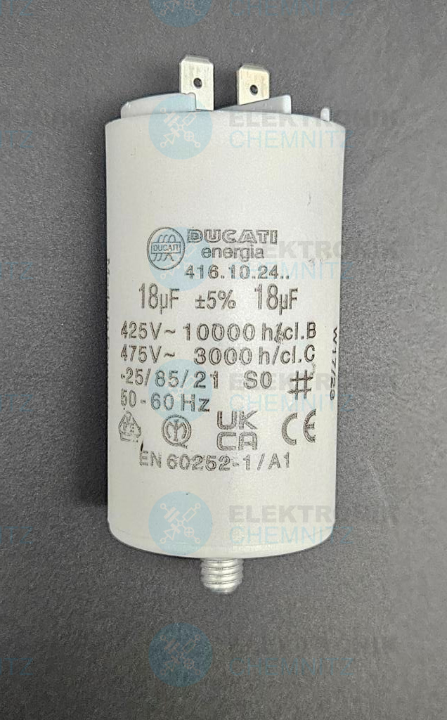 DUCATI 416.10.24. Betriebskondensator 18 µF +-5 % mit 2 x Flachstecker 6,3 mm