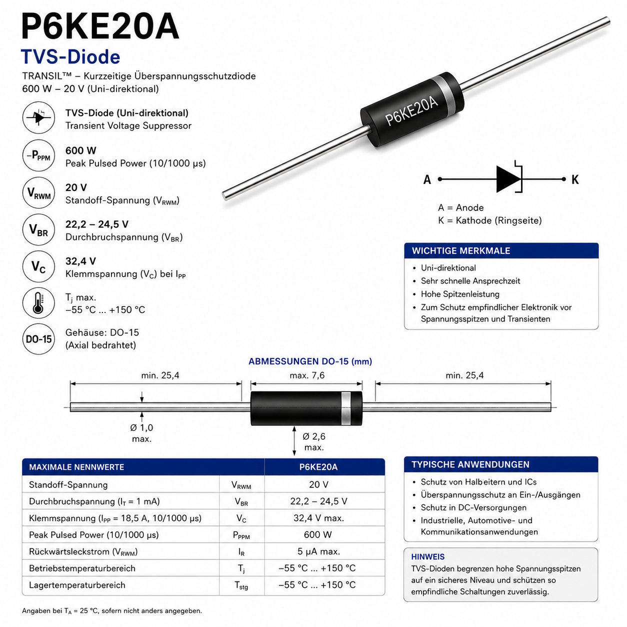 Diotec P6KE20A – TVS-Diode, 600 W, 20 V