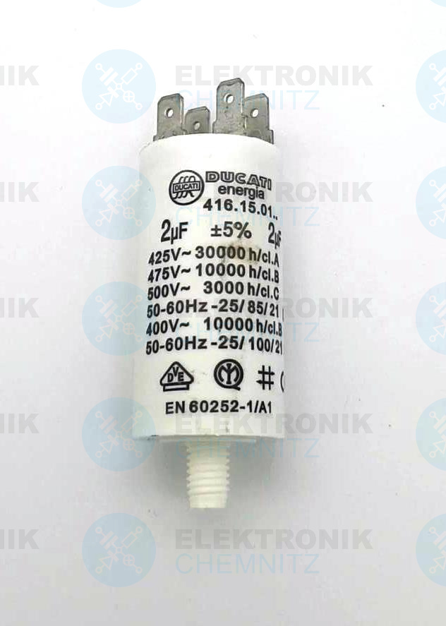 DUCATI 416.15.01. Betriebskondensator 2 µF +-5 % mit 4 x Flachstecker 6,3 mm