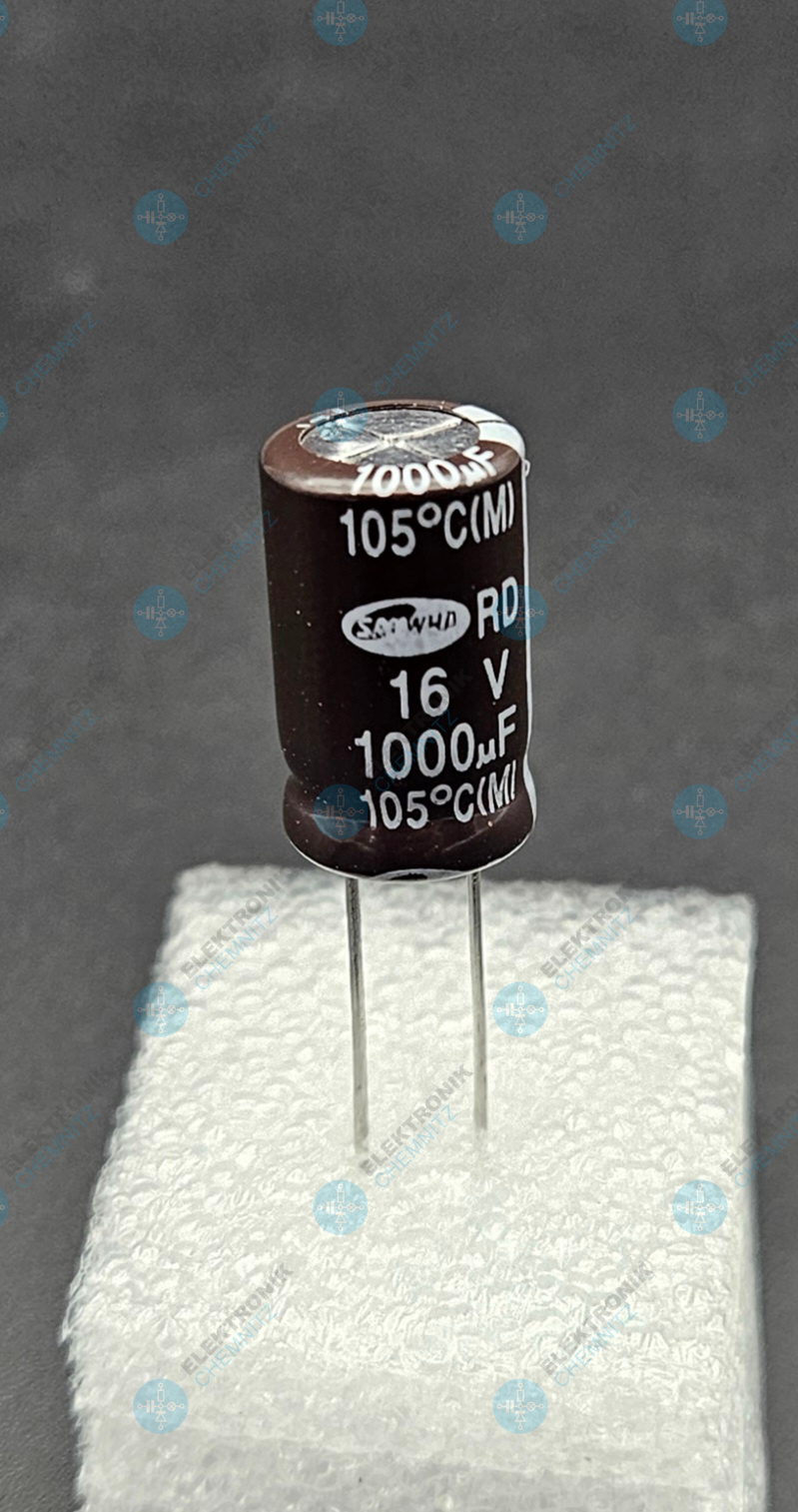 Elektrolytkondensator radial 1000 µF 16 V 105°C RM 5,0 mm Ø 10,1 mm Höhe 17,1 mm