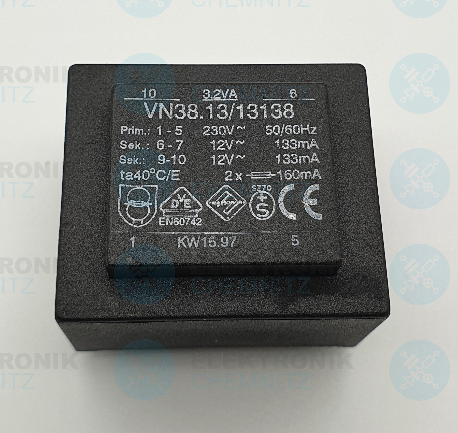 Marschner Printtrafo VN38.13/13138 230 V AC 2 x 12 V AC 133 mA 3,2 VA