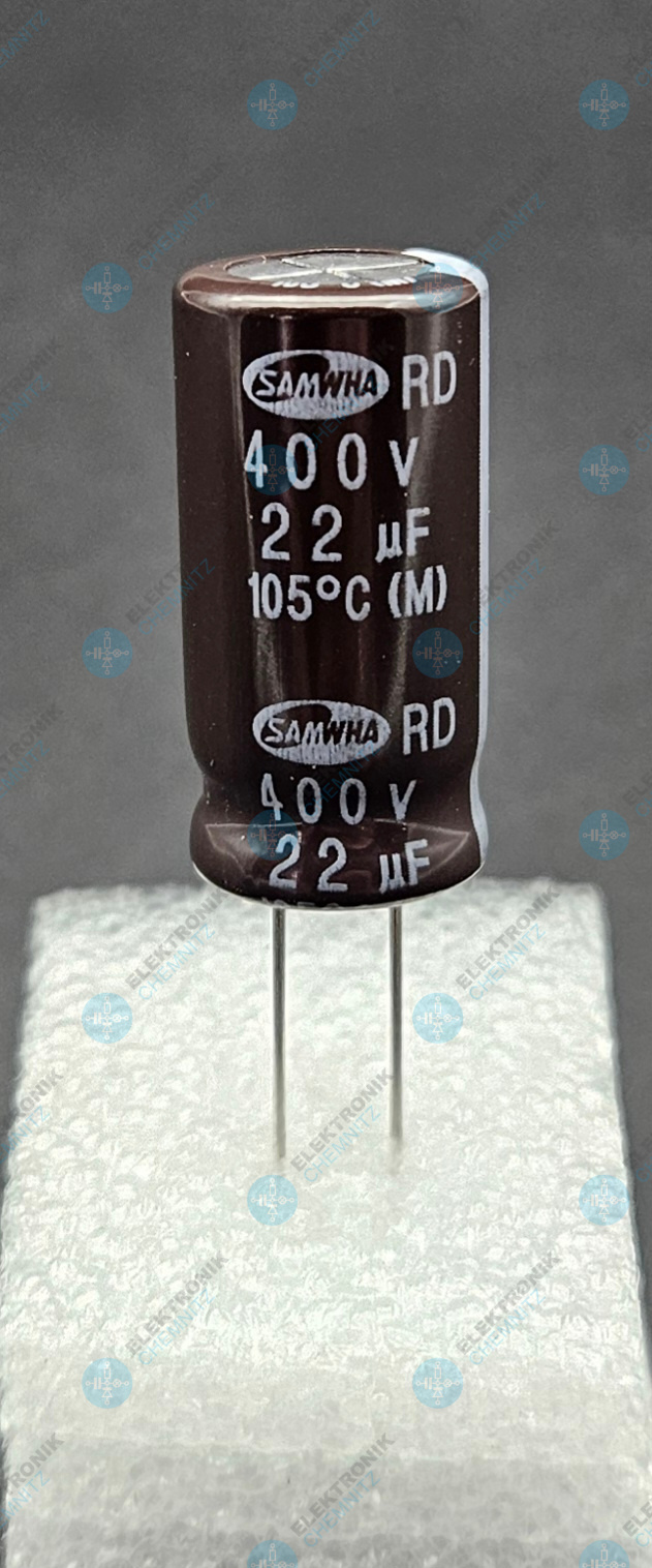 Elektrolytkondensator radial 22 µF 400 V 105° C RM 5 mm Ø 12,6 mm Höhe 26 mm