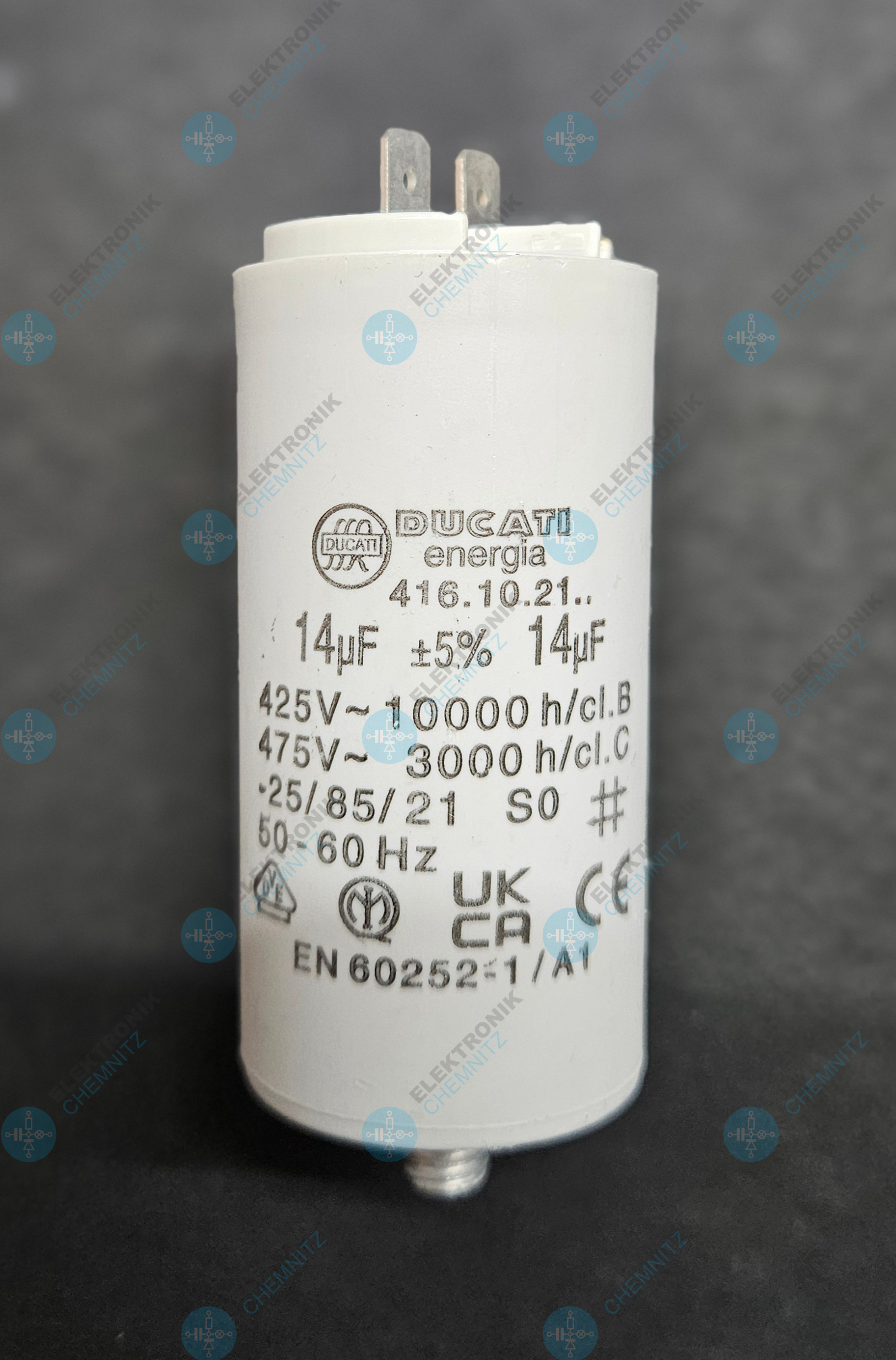 DUCATI 416.10.21. Betriebskondensator 14 µF +-5 % mit 2 x Flachstecker 6,3 mm
