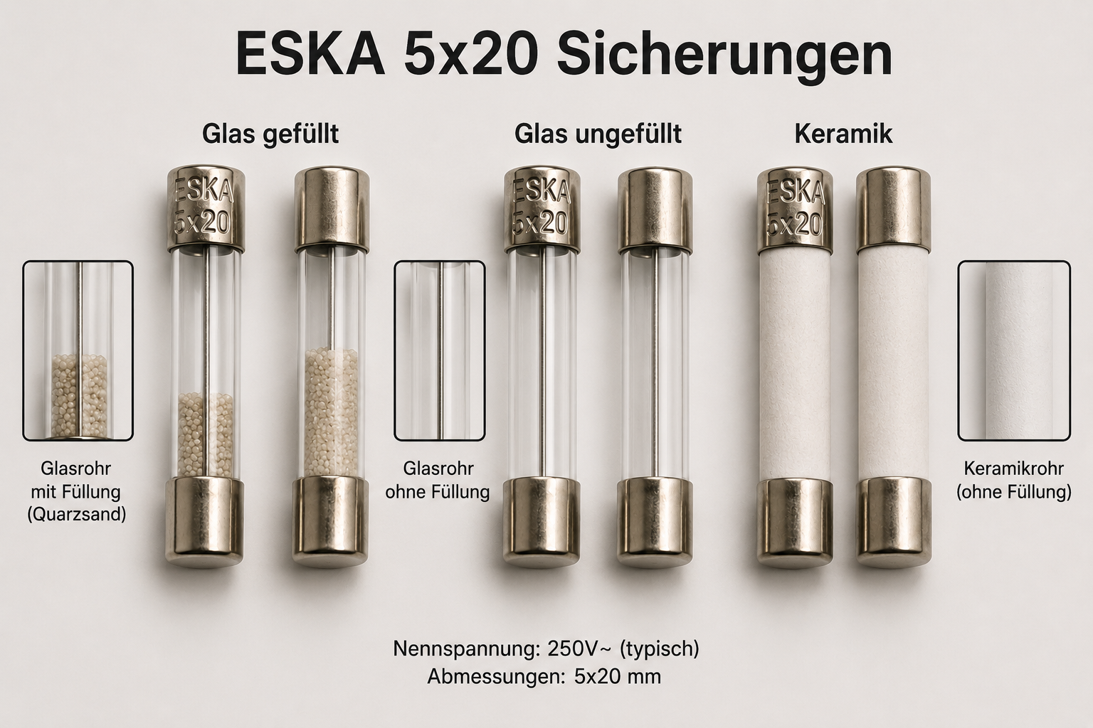 ESKA Feinsicherung 5x20 mm – Träge, verschiedene Werte, Glas oder Keramik