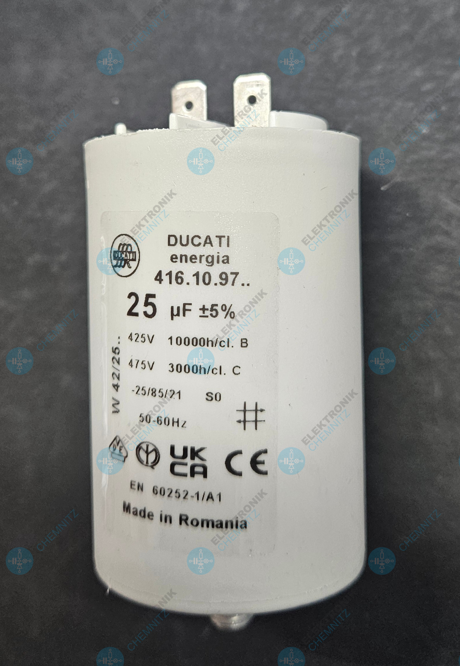 DUCATI 416.10.97. Betriebskondensator 25 µF +-5 % mit 2 x Flachstecker 6,3 mm