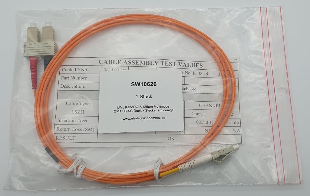 LWL Kabel 62,5/125 µm  OM1 LC-SC Multimode Duplex Stecker 2 m Glasfaser orange