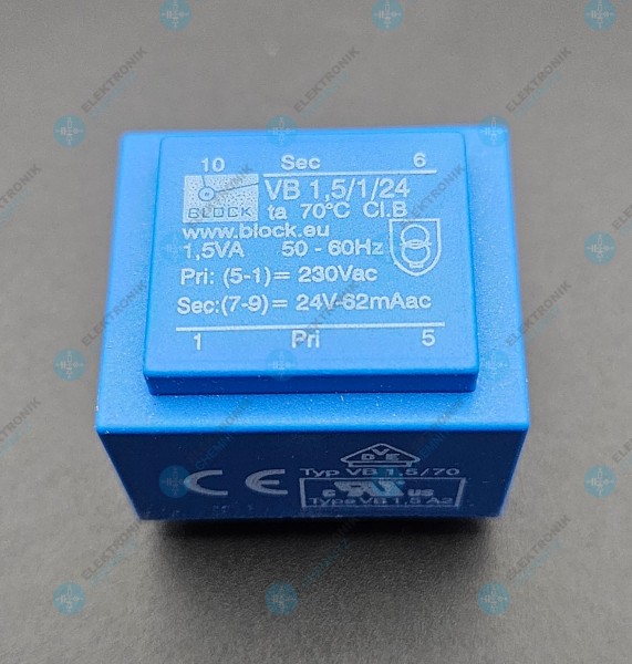 BLOCK Printtrafo VB 1,5/1/24 230 V AC 1 x 24 V AC 62 mA 1,5 VA