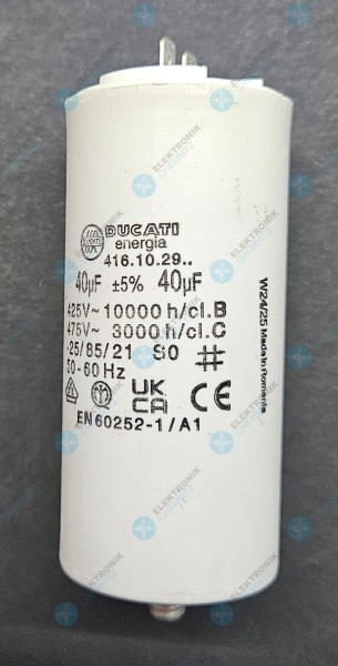 DUCATI 416.10.29. Betriebskondensator 40 µF +-5 % mit 2 x Flachstecker 6,3 mm