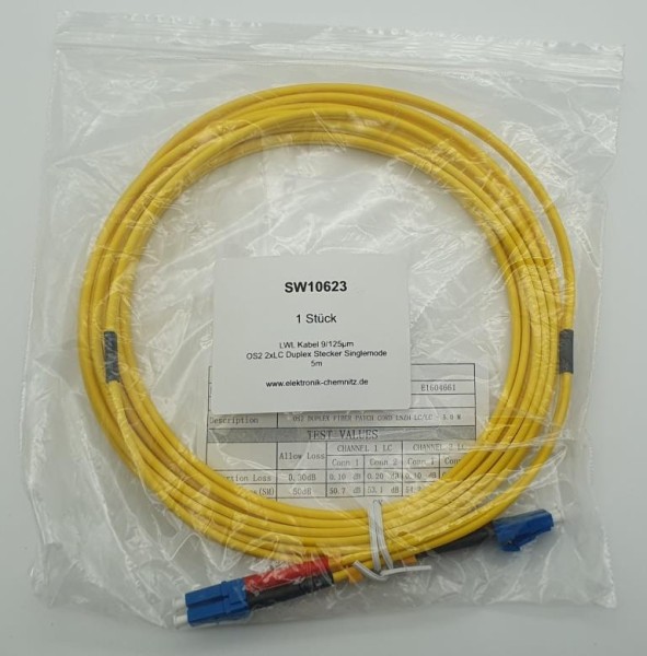 LWL Kabel 9/125µm OS2 LC-LC Duplex Stecker 5m UPC-Schliff gelb