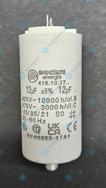 DUCATI 416.10.17. Betriebskondensator 12 µF +-5 % mit 2 x Flachstecker 6,3 mm