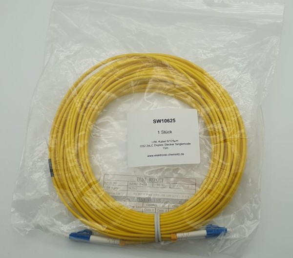 LWL Kabel 9/125µm OS2 LC-LC Duplex Stecker 15m UPC-Schliff gelb