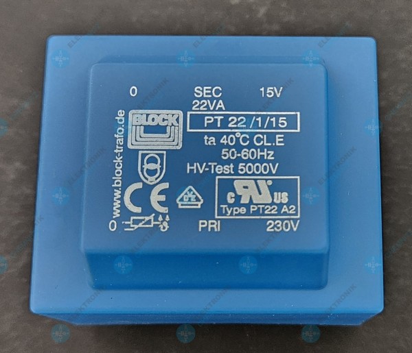 Block Sicherheitstransformator PT 22/1/15 22VA 1x15V