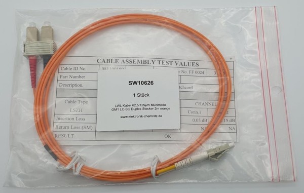 LWL Kabel 62,5/125µm Multimode OM1 LC-SC Duplex Stecker 2m orange