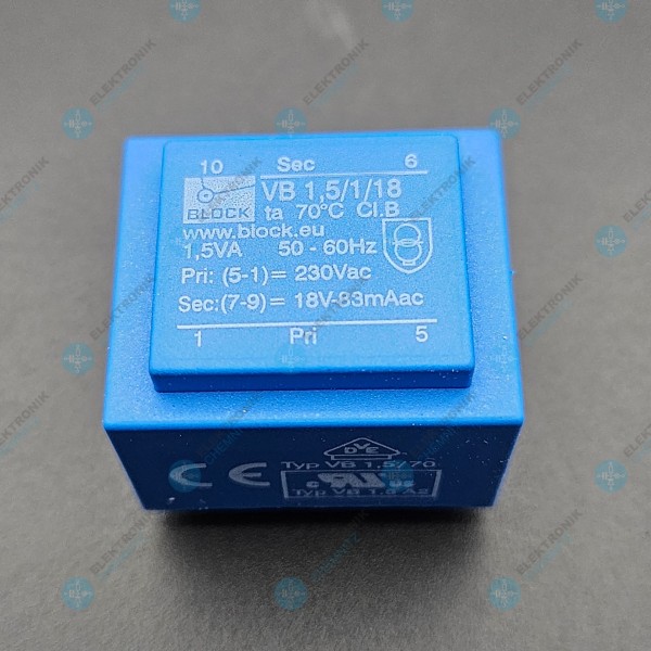 BLOCK Printtrafo VB 1,5/1/18 230 V AC 1 x 18 V AC 83 mA 1,5 VA