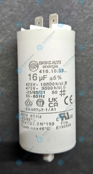 DUCATI 416.10.99. Betriebskondensator 16 µF +-5 % mit 2 x Flachstecker 6,3 mm