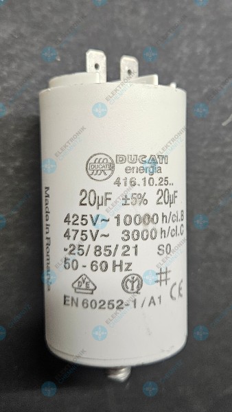 DUCATI 416.10.25. Betriebskondensator 20 µF +-5 % mit 2 x Flachstecker 6,3 mm