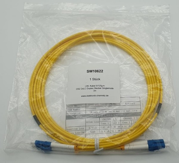 LWL Kabel 9/125µm OS2 LC-LC Duplex Stecker 3m UPC-Schliff gelb